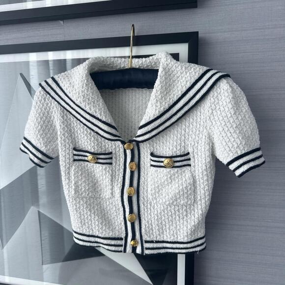 Self-Portrait Tops - Self-Portrait White and Black Textured Blouse